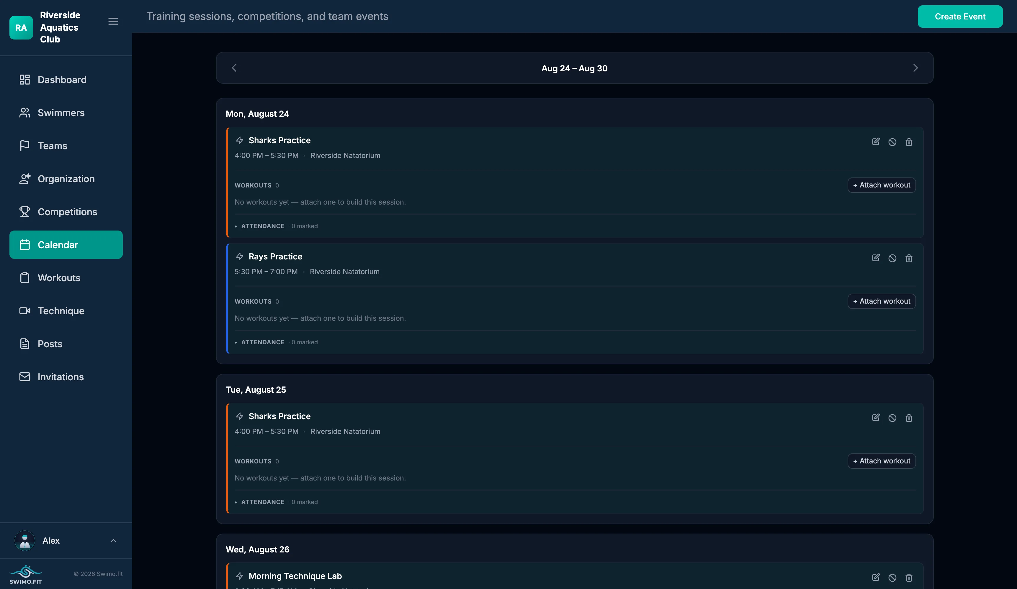 Calendar with weekly training sessions for multiple teams