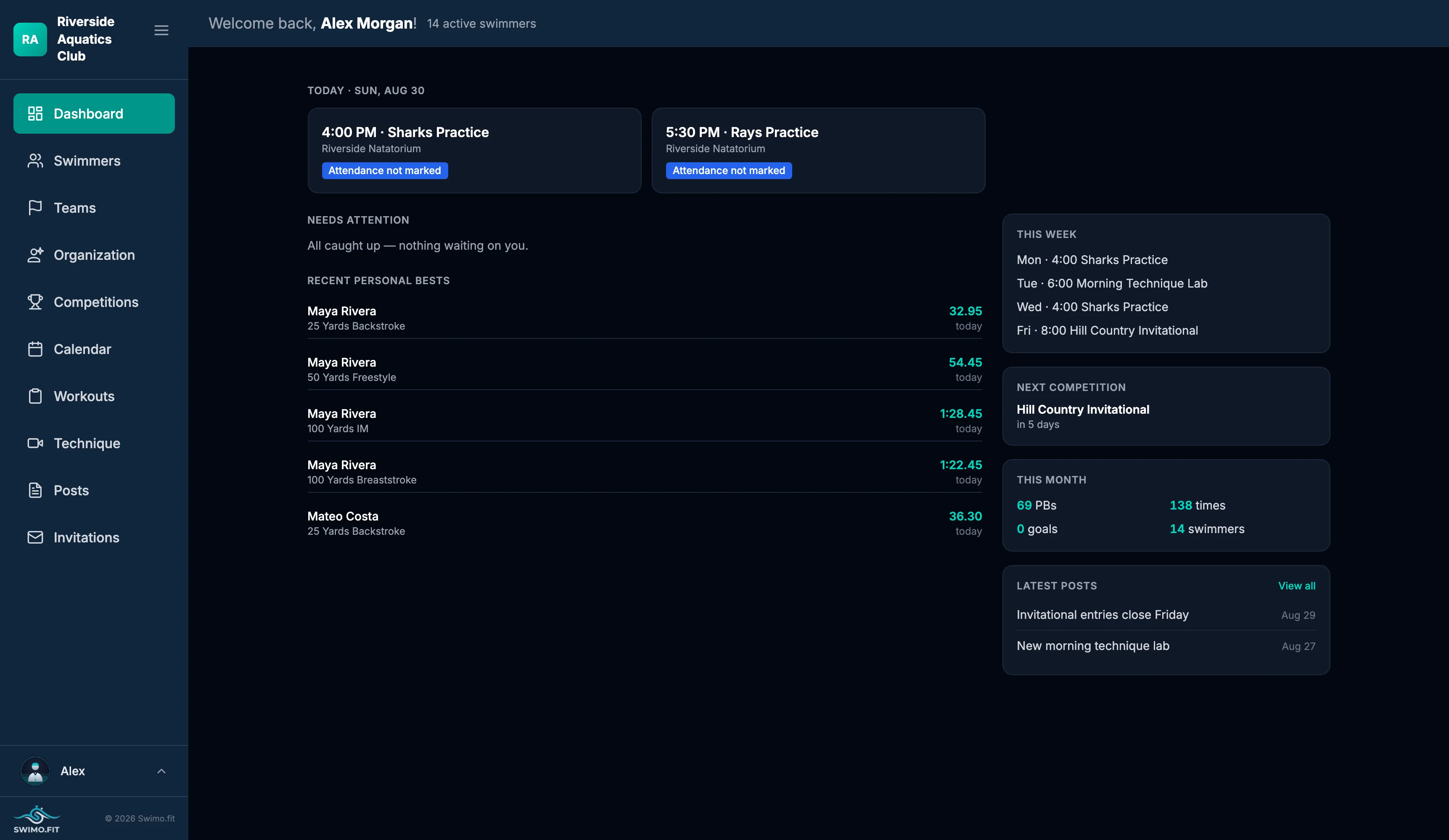 Swimo.fit coach dashboard with recent activity, posts, and personal bests