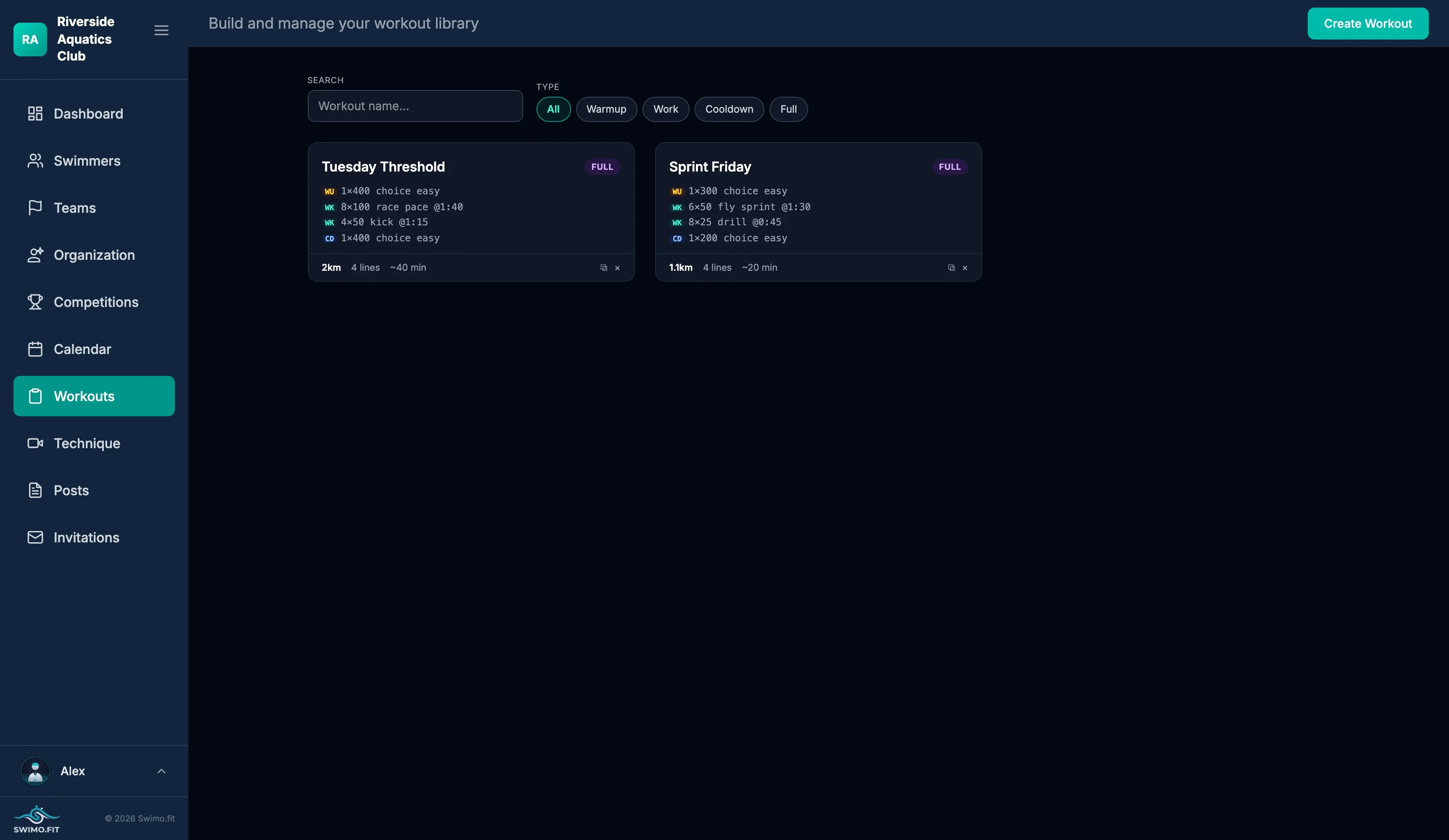 Workout library with structured training sessions